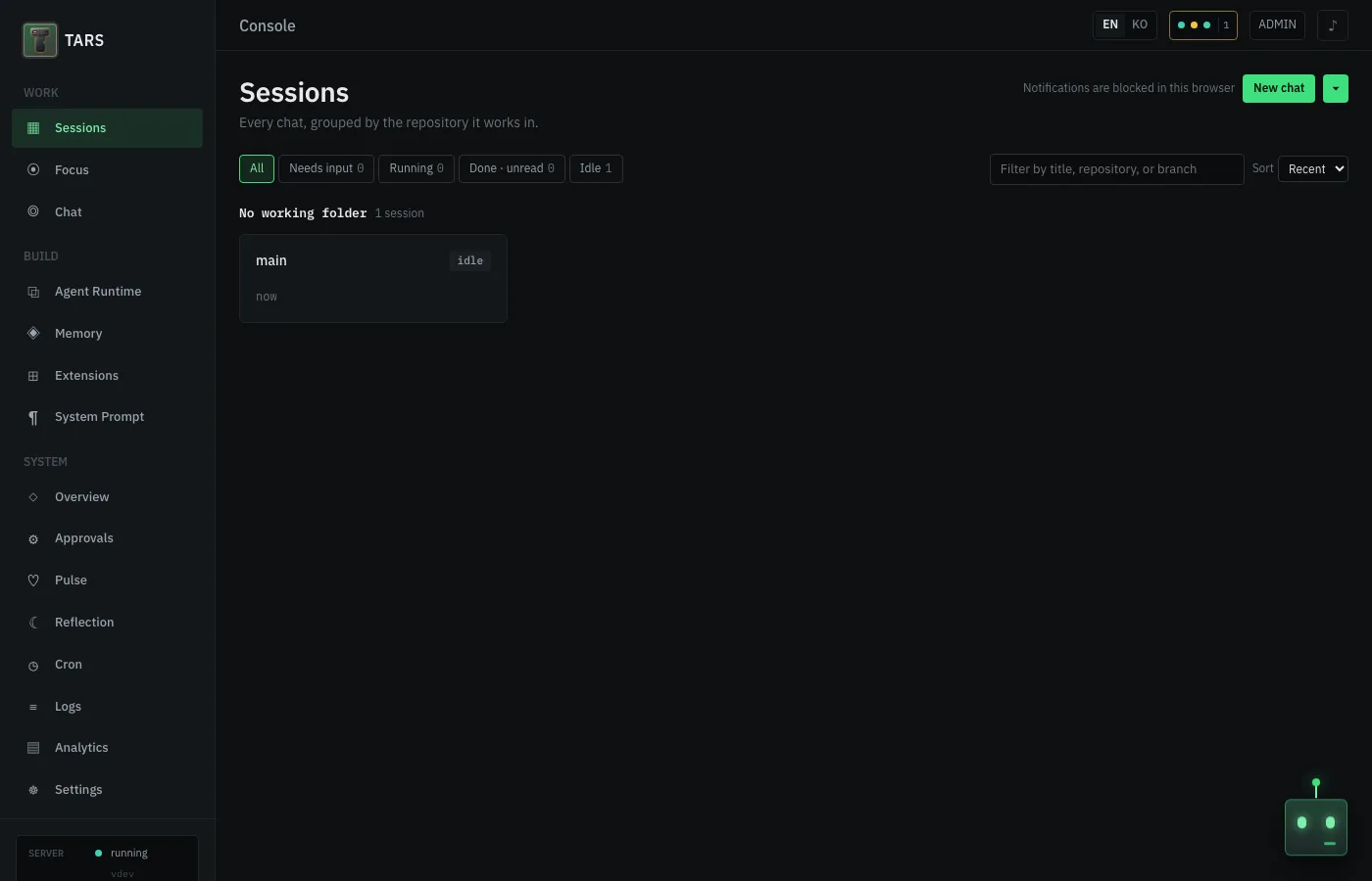TARS console session board: sessions grouped by the folder they work in, with live status filters